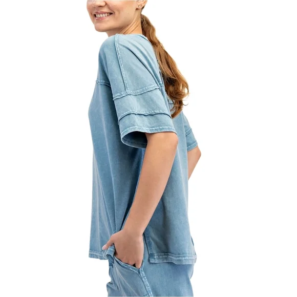 Rae Mode Dusty Blue The TaylorCurvy Cotton Poly Raw Seam Top Shirt Size Medium - Picture 3 of 8